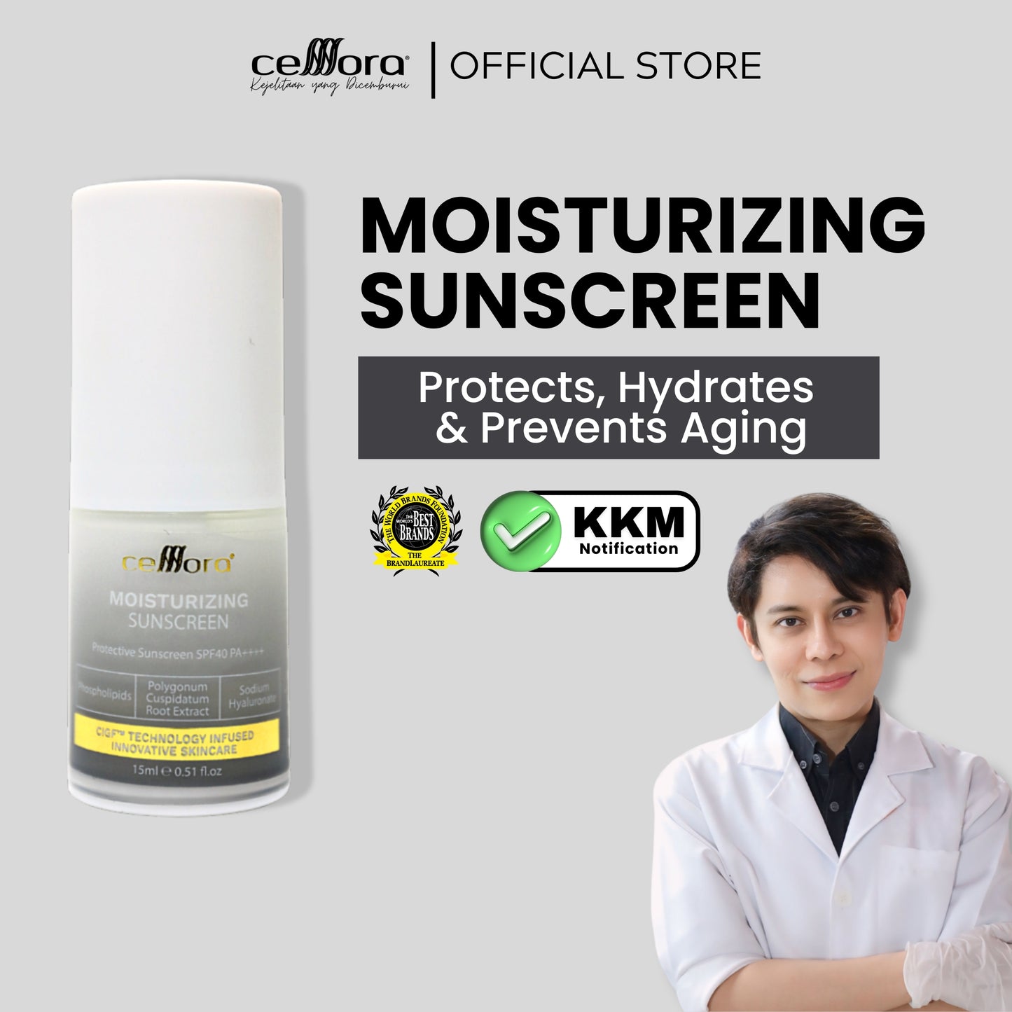 Sunscreen 5 in 1: Moisturizing Sunscreen SPF40 PA++++ Celllora | Teknologi Stem Cell CIGF