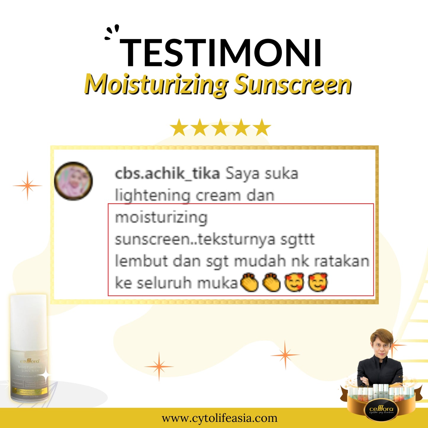 Sunscreen 5 in 1: Moisturizing Sunscreen SPF40 PA++++ Celllora | Teknologi Stem Cell CIGF