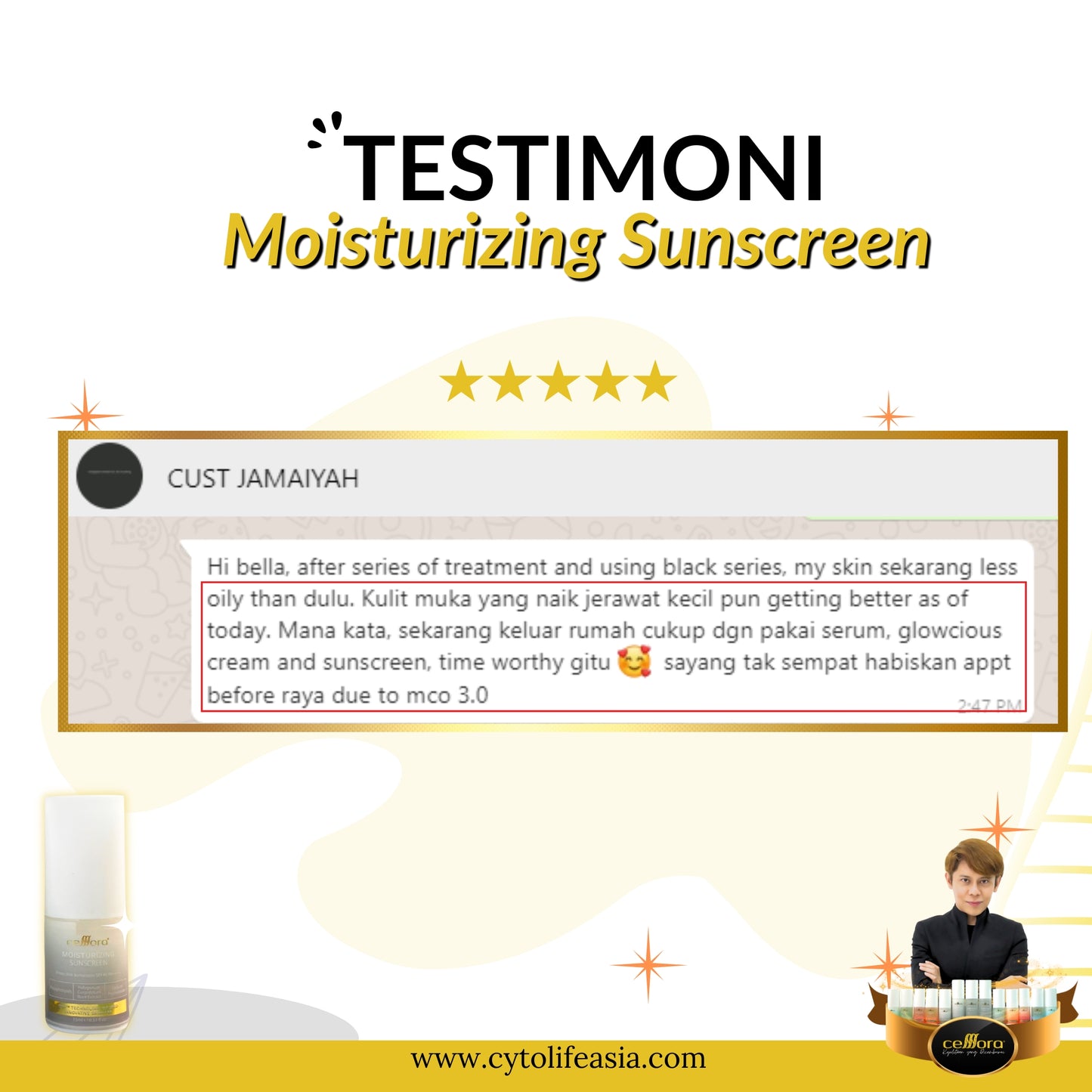 Sunscreen 5 in 1: Moisturizing Sunscreen SPF40 PA++++ Celllora | Teknologi Stem Cell CIGF