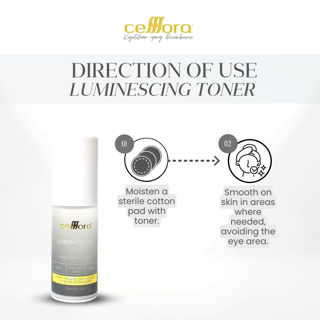 Toner Kulit Berminyak, Jerawat, Kering, Jeragat, Kendur, Skin Barrier Rosak & Sensitif | Luminescing Toner Celllora