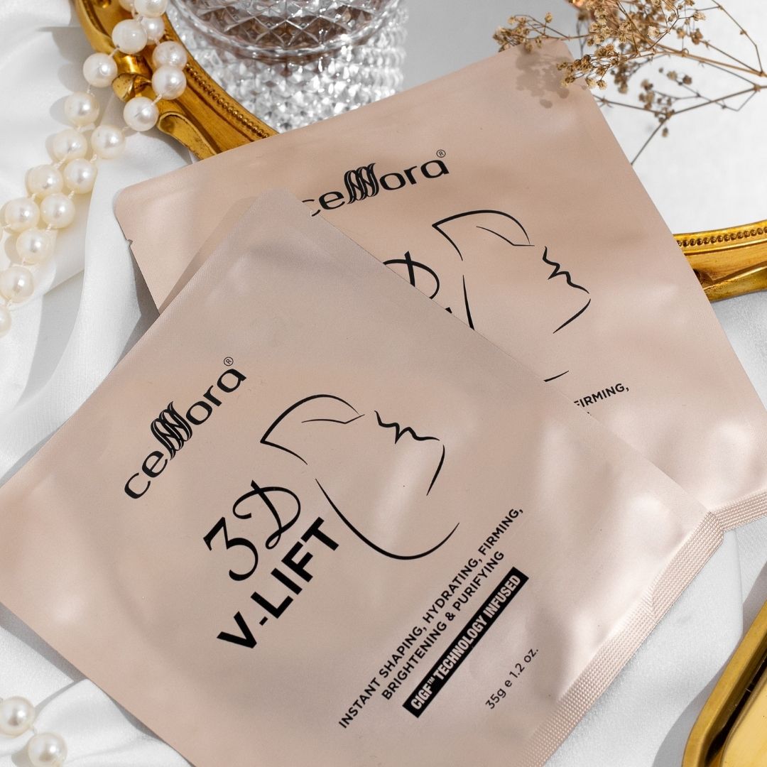 Mask 5 in 1 Gantung Kat Telinga: 3D V-LIFT Celllora | Teknologi Stem Cell CIGF, Sodium Hyaluronate, Glycerin