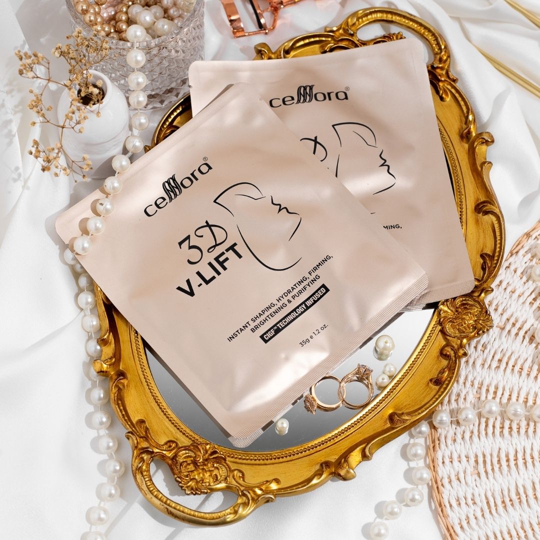 Mask 5 in 1 Gantung Kat Telinga: 3D V-LIFT Celllora | Teknologi Stem Cell CIGF, Sodium Hyaluronate, Glycerin