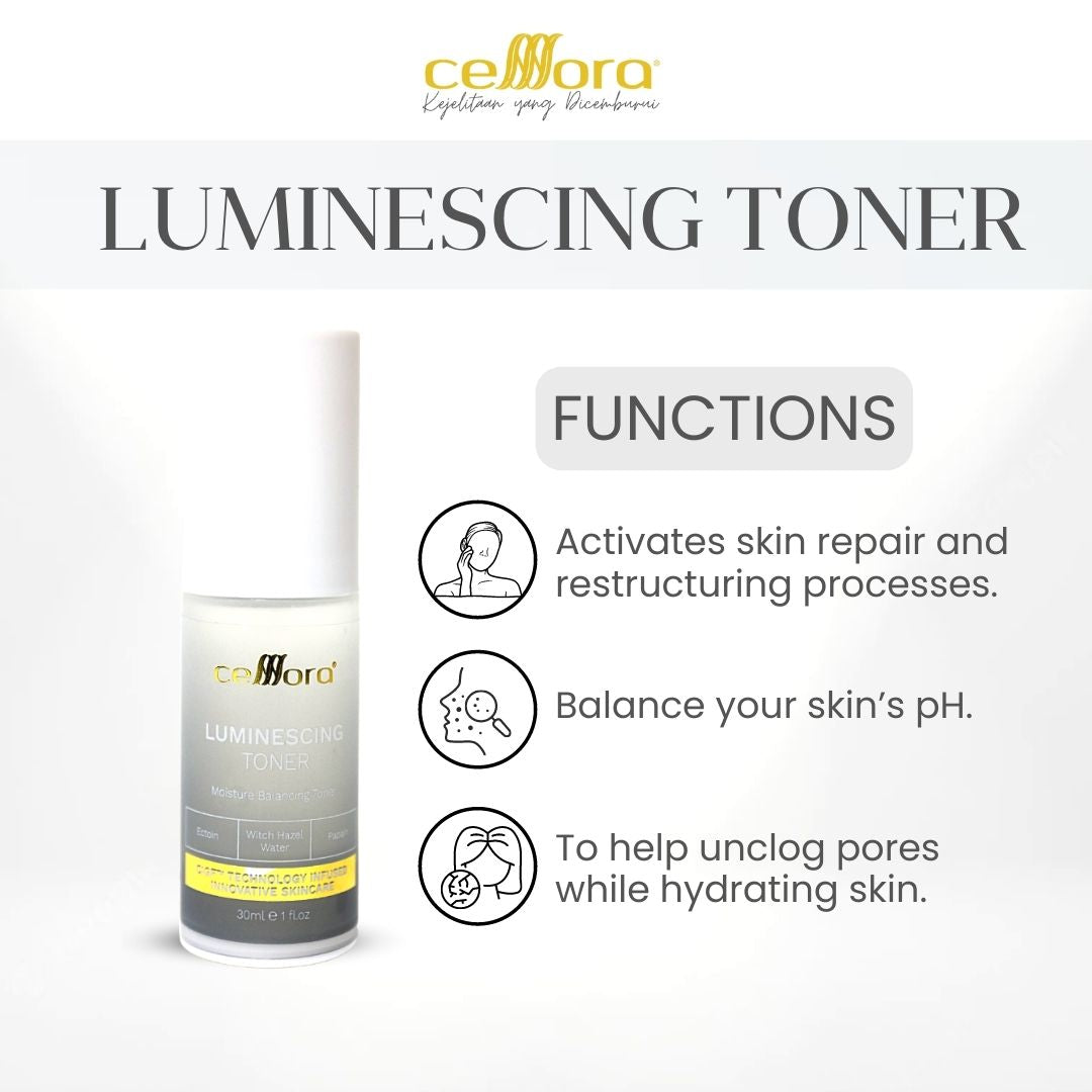 Toner Kulit Berminyak, Jerawat, Kering, Jeragat, Kendur, Skin Barrier Rosak & Sensitif | Luminescing Toner Celllora