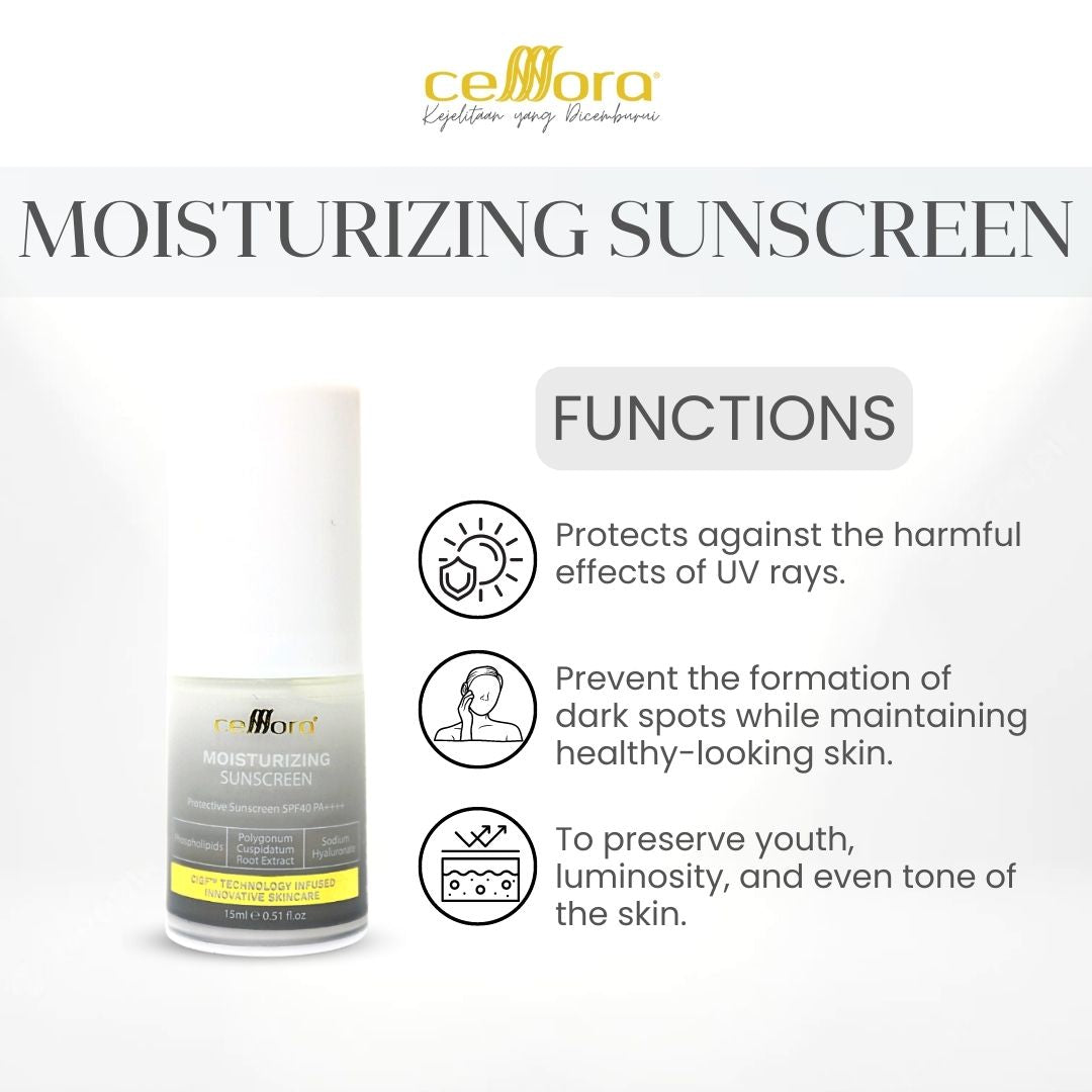 Sunscreen 5 in 1: Moisturizing Sunscreen SPF40 PA++++ Celllora | Teknologi Stem Cell CIGF