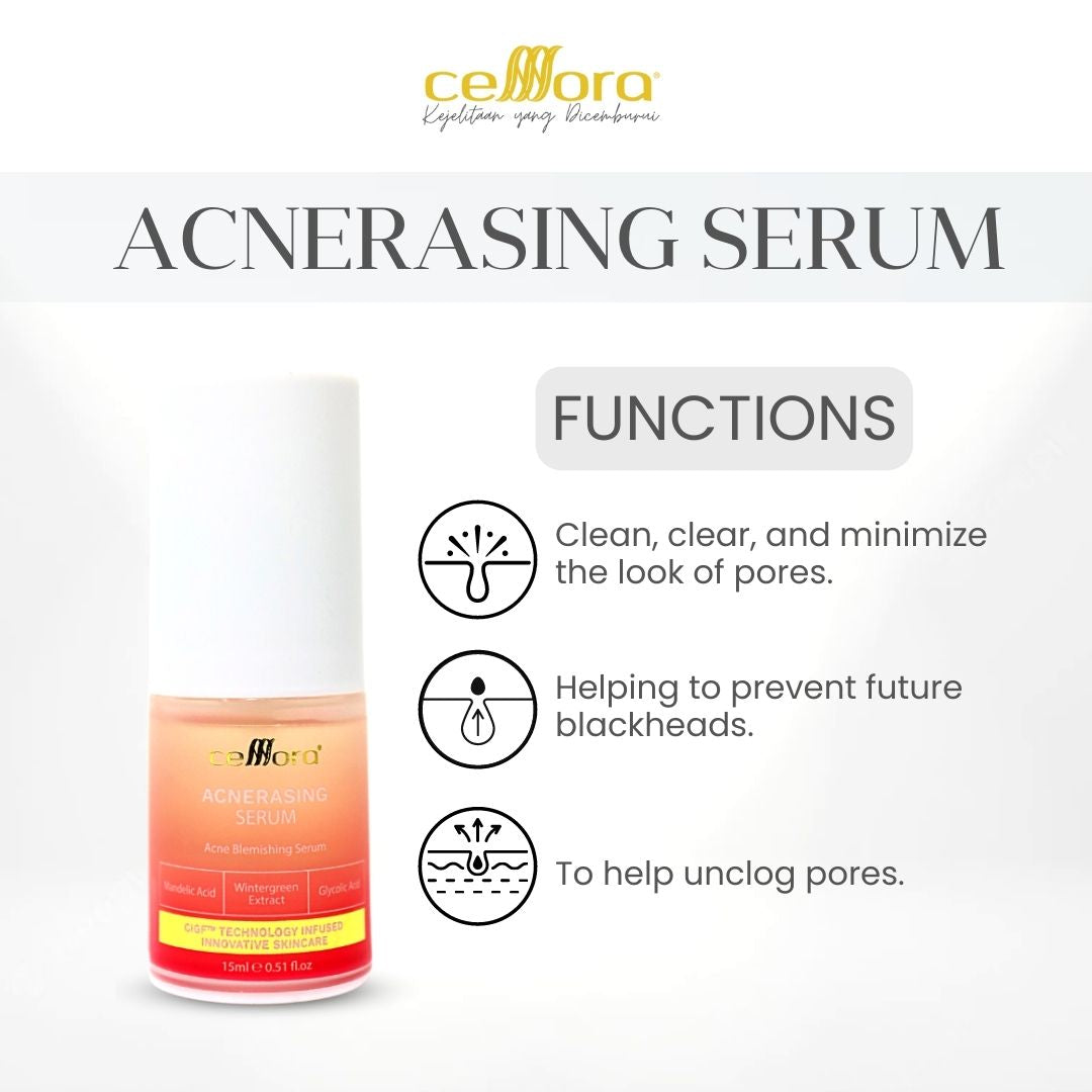 Serum Kulit Berminyak, Kombinasi, Jerawat, Blackheads & Whiteheads: Acnerasing Serum Celllora | Teknologi Stem Cell CIGF