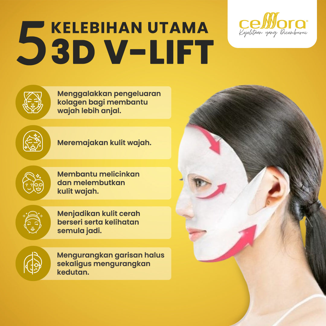 Mask 5 in 1 Gantung Kat Telinga: 3D V-LIFT Celllora | Teknologi Stem Cell CIGF, Sodium Hyaluronate, Glycerin