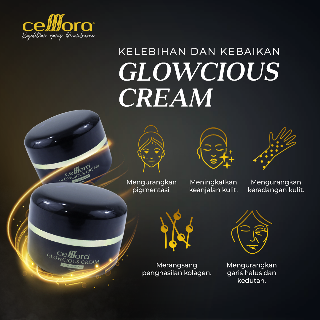 Moisturiser Pencerah Wajah: Glowcious Cream Celllora | Teknologi Stem Cell CIGF, Alpha Arbutin, Aloe Leaf Extract
