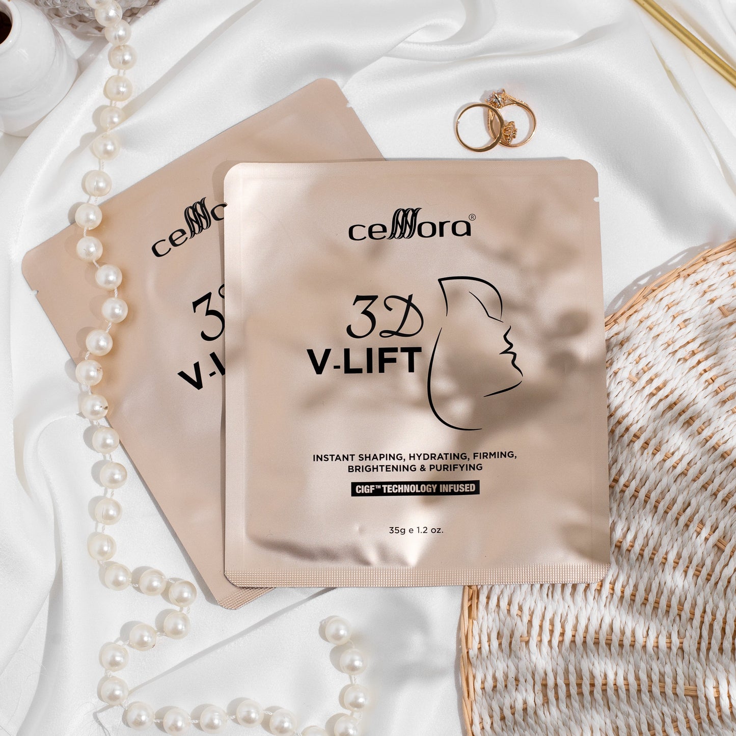 Mask 5 in 1 Gantung Kat Telinga: 3D V-LIFT Celllora | Teknologi Stem Cell CIGF, Sodium Hyaluronate, Glycerin