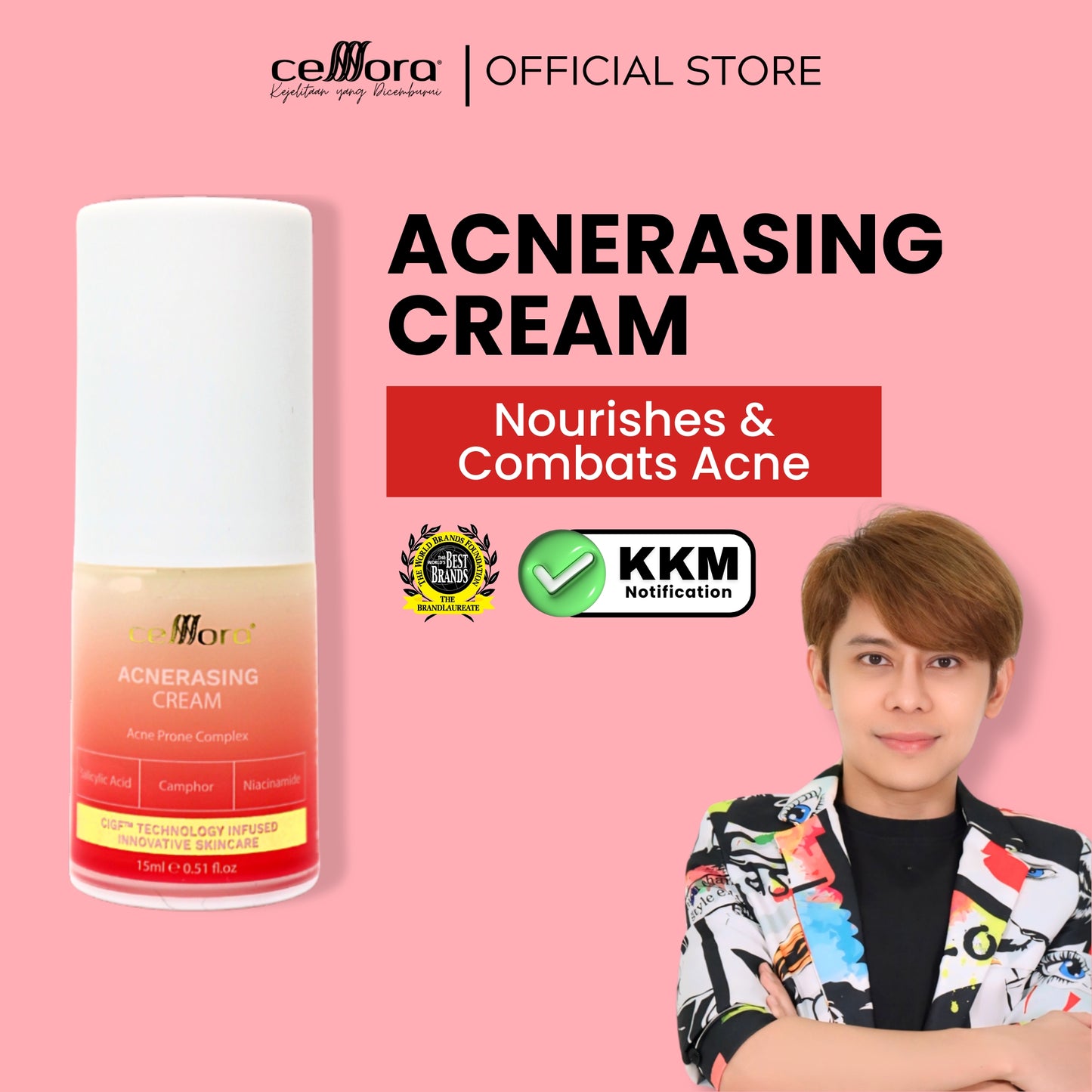 Moisturiser Kulit Berminyak, Kombinasi, Jerawat, Blackheads & Whiteheads: Acnerasing Cream Celllora | Teknologi Stem Cell CIGF