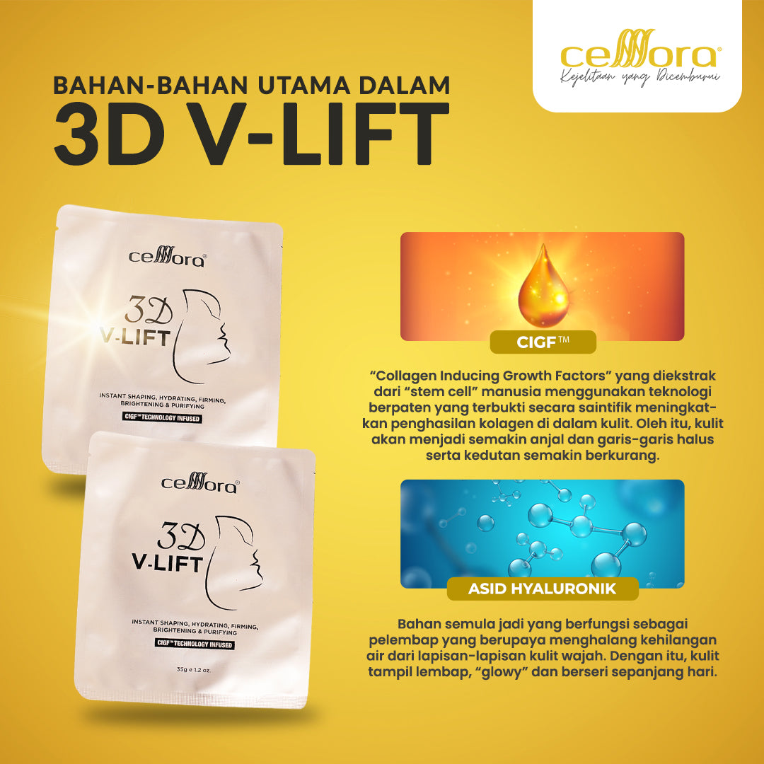 Mask 5 in 1 Gantung Kat Telinga: 3D V-LIFT Celllora | Teknologi Stem Cell CIGF, Sodium Hyaluronate, Glycerin