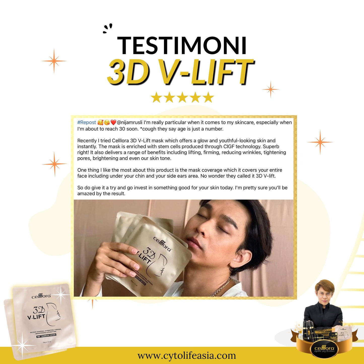 Mask 5 in 1 Gantung Kat Telinga: 3D V-LIFT Celllora | Teknologi Stem Cell CIGF, Sodium Hyaluronate, Glycerin