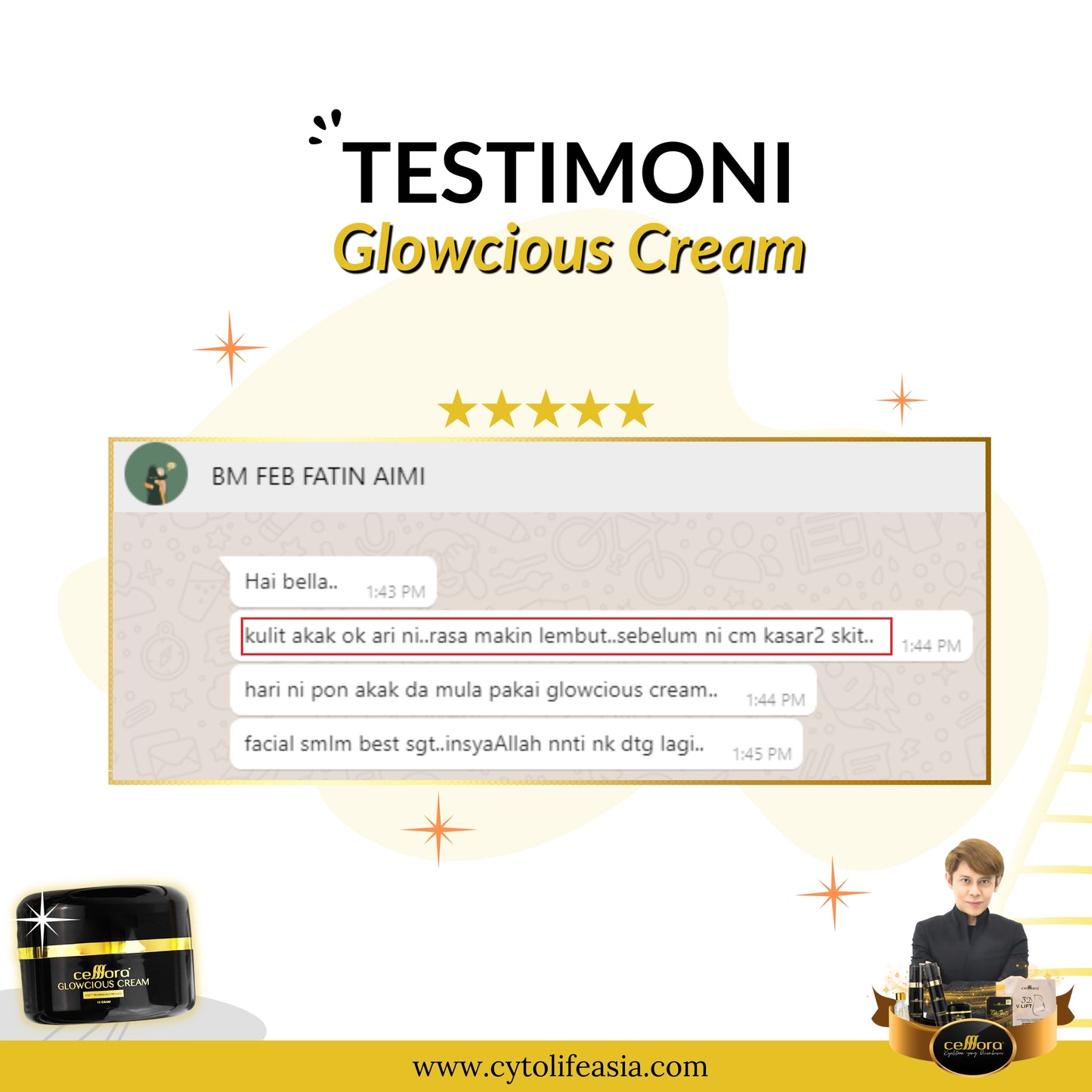 Moisturiser Pencerah Wajah: Glowcious Cream Celllora | Teknologi Stem Cell CIGF, Alpha Arbutin, Aloe Leaf Extract