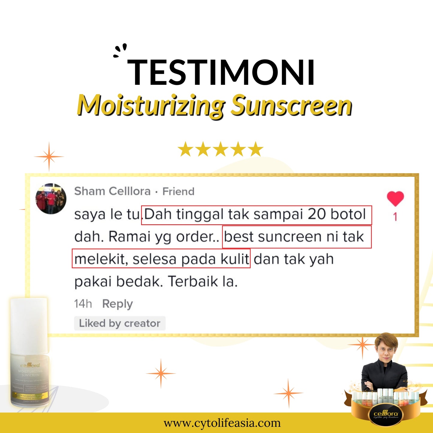 Sunscreen 5 in 1: Moisturizing Sunscreen SPF40 PA++++ Celllora