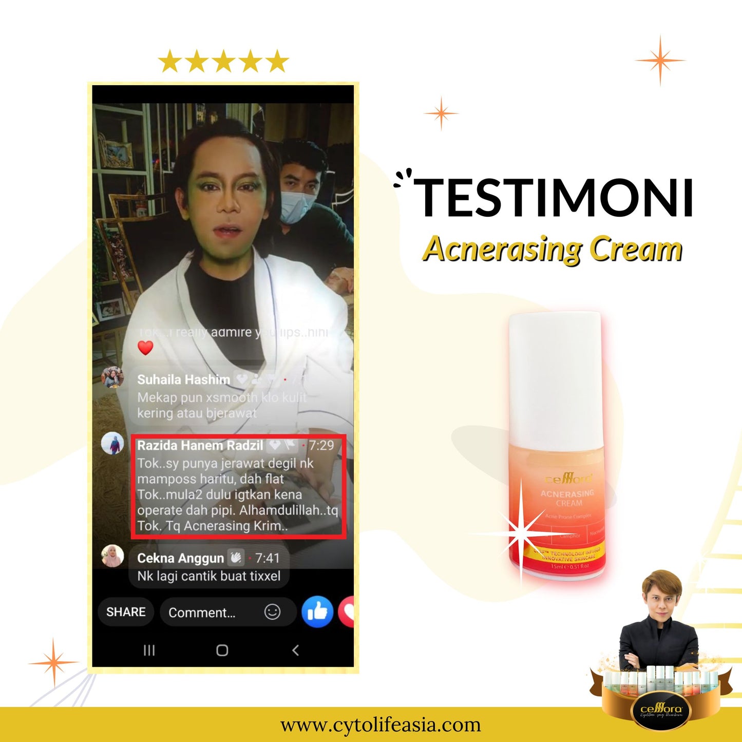 Moisturiser Kulit Berminyak, Kombinasi, Jerawat, Blackheads & Whiteheads: Acnerasing Cream Celllora | Teknologi Stem Cell CIGF