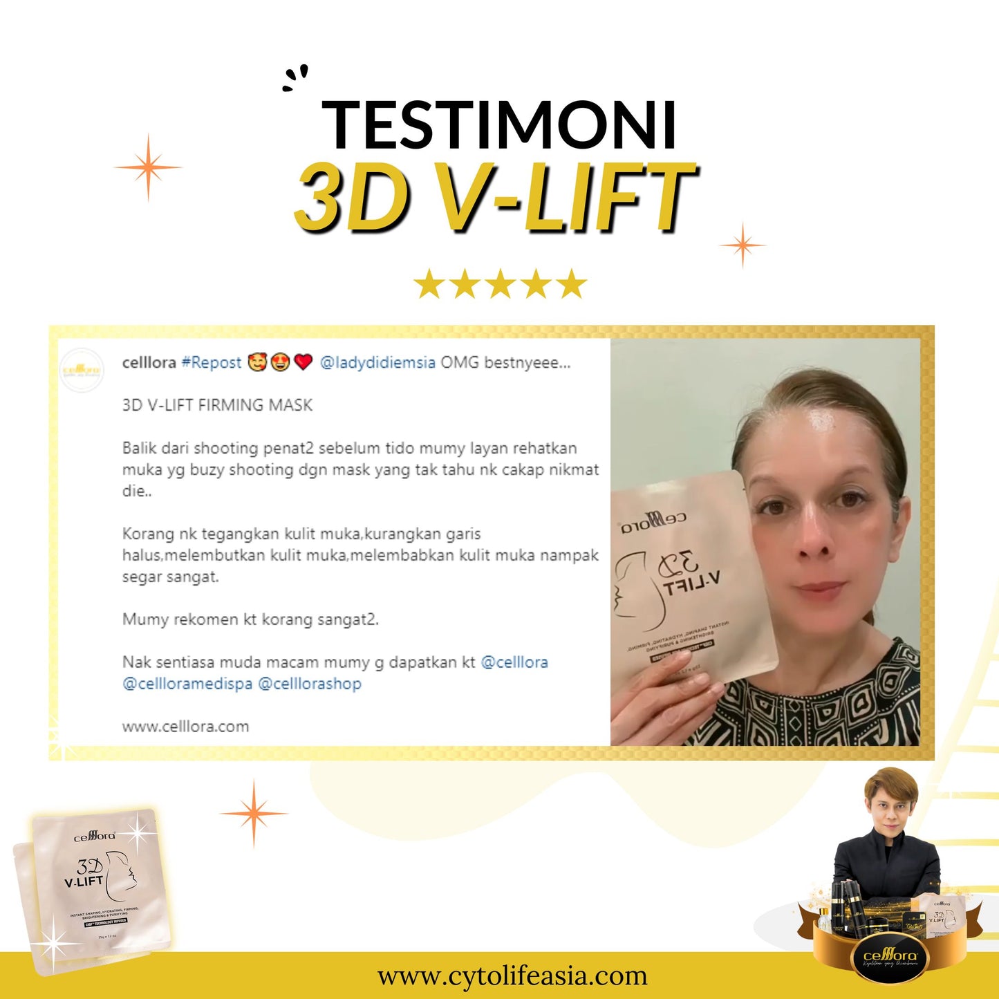 Mask 5 in 1 Gantung Kat Telinga: 3D V-LIFT Celllora | Teknologi Stem Cell CIGF, Sodium Hyaluronate, Glycerin