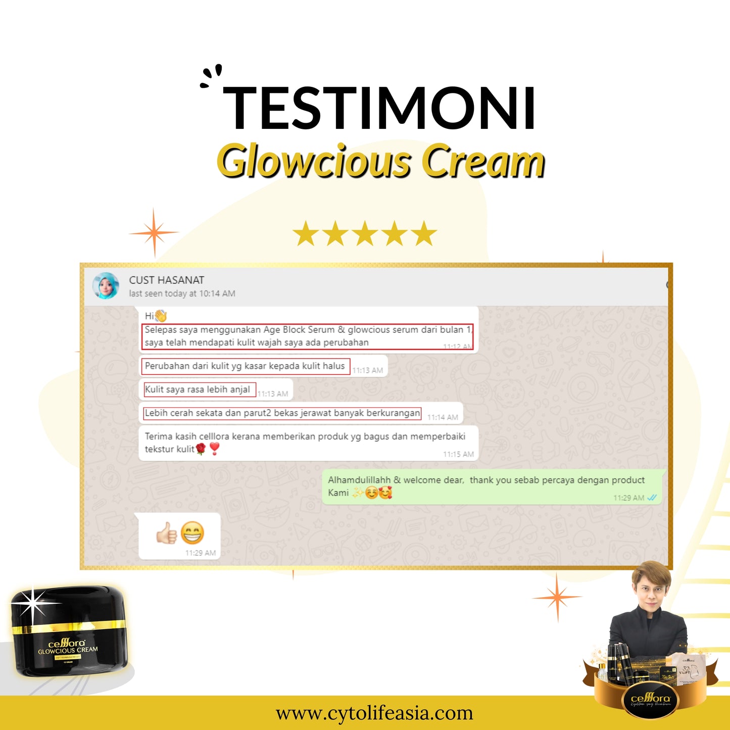 Moisturiser Pencerah Wajah: Glowcious Cream Celllora | Teknologi Stem Cell CIGF, Alpha Arbutin, Aloe Leaf Extract