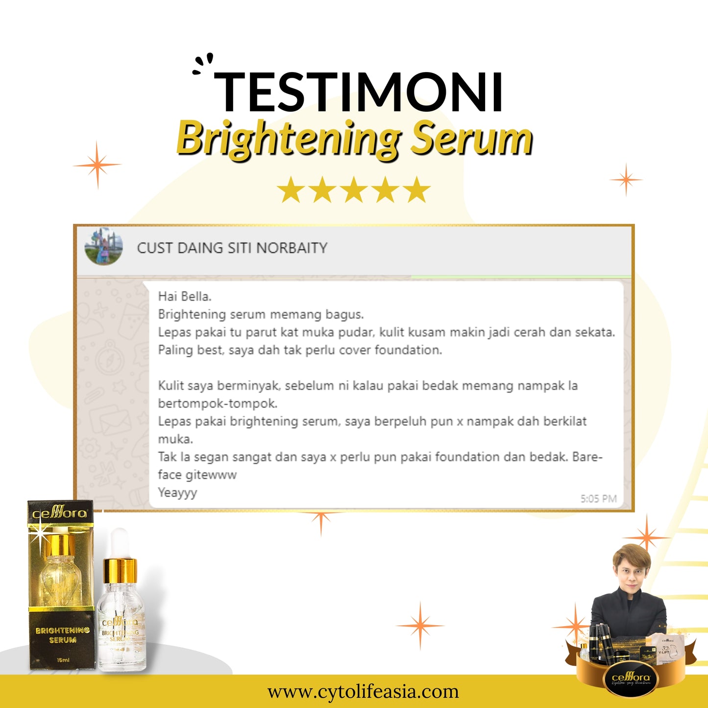 Serum Pencerah Wajah: Brightening Serum Celllora | Teknologi Stem Cell CIGF, Arbutin, Glutathione, Hyaluronic Acid