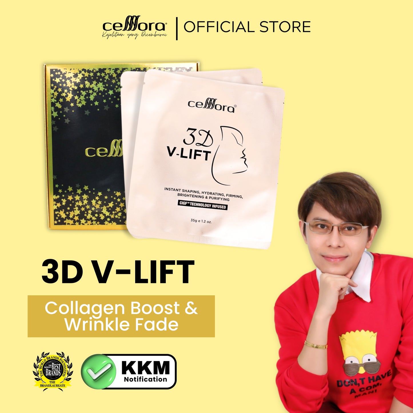 Mask 5 in 1 Gantung Kat Telinga: 3D V-LIFT Celllora | Teknologi Stem Cell CIGF, Sodium Hyaluronate, Glycerin